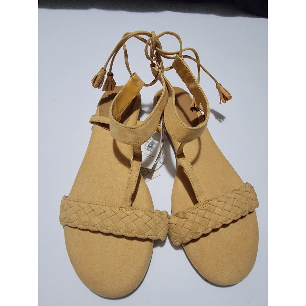 Old Navy Women Mustard Yellow Braided T-Strap Lace Up Tassel Flat Sandals Size 8